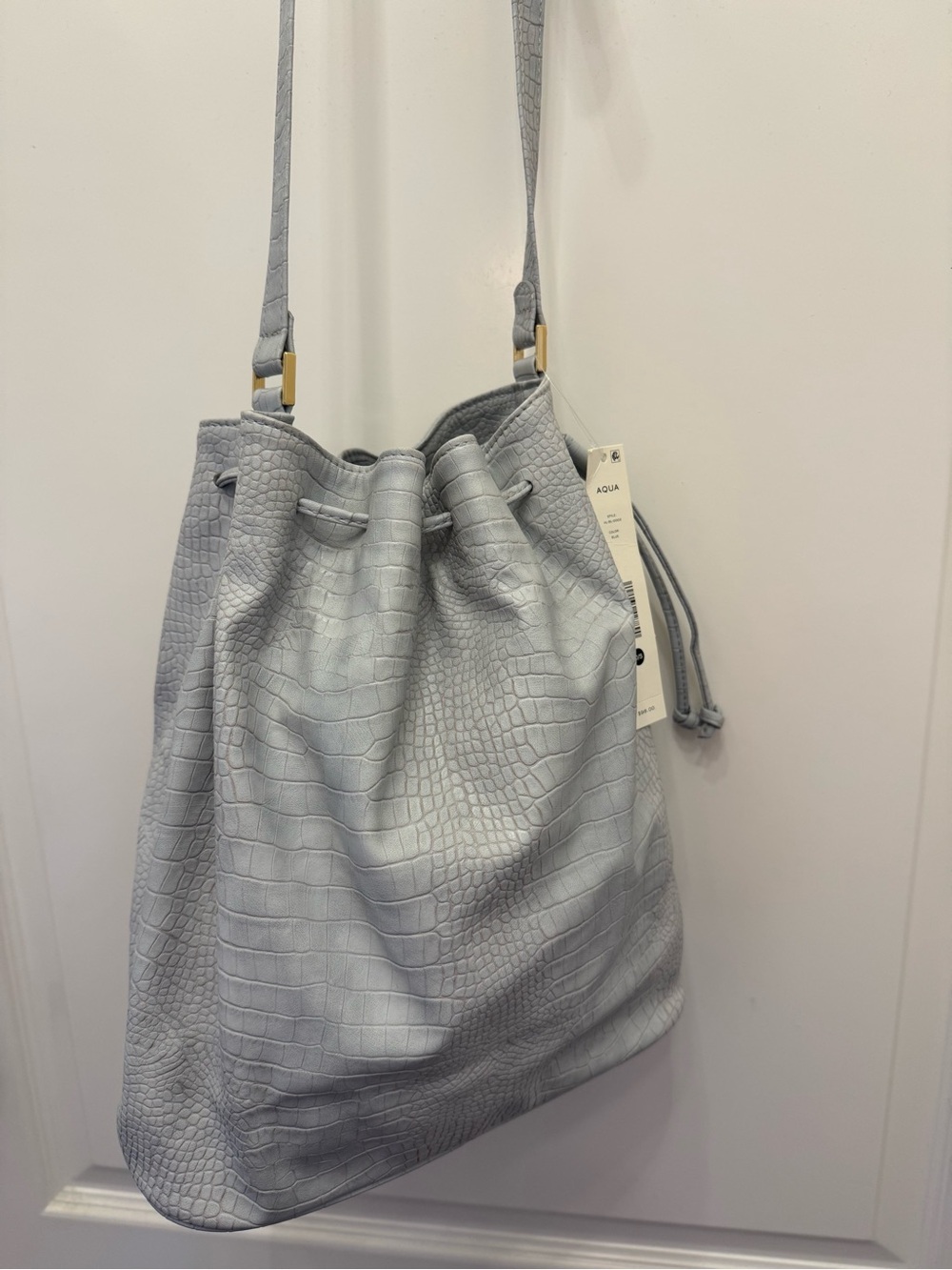 Aqua Croc-Embossed Drawstring Bucket Bag in Pale Gray BNWT